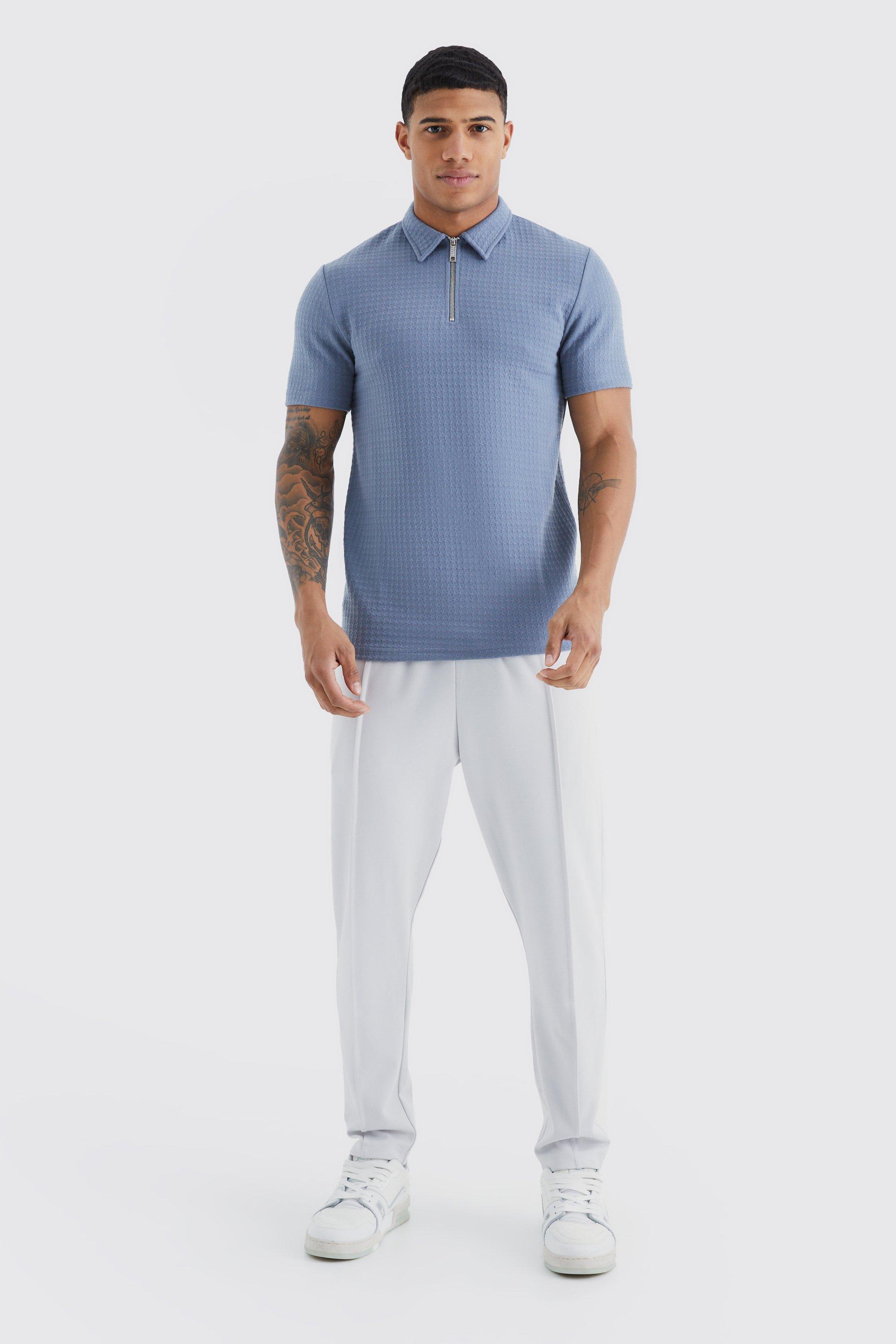 Blue polo grey store pants